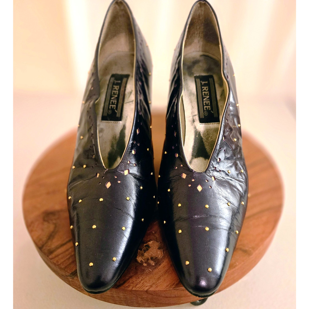 Vintage J. Renee Eggplant leather pumps pointed toe gold studs 8.5